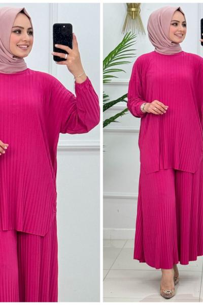 Pliseli Rikralı Takım Fuşya Pembe Fuşya