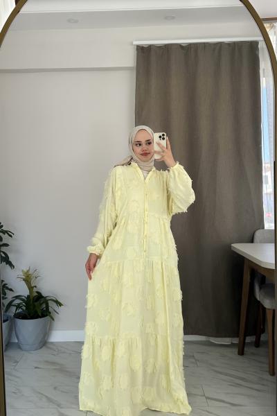 Saçaklı Elbise Limon Sarısı Sarı