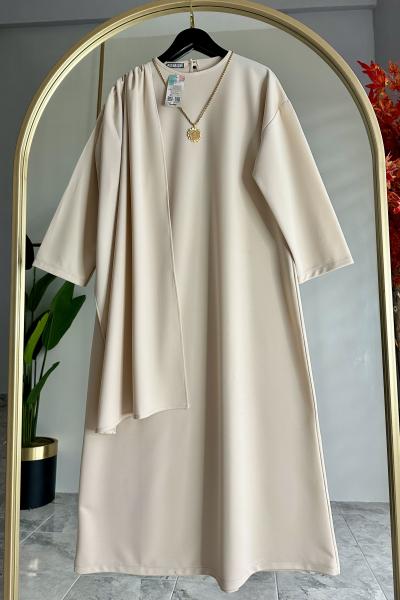 Şal Yaka Elbise Bej Bej