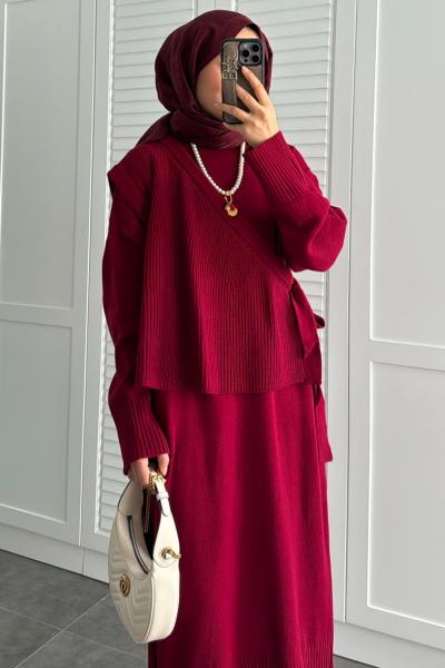 Trend Yelekli Elbise Bordo Bordo