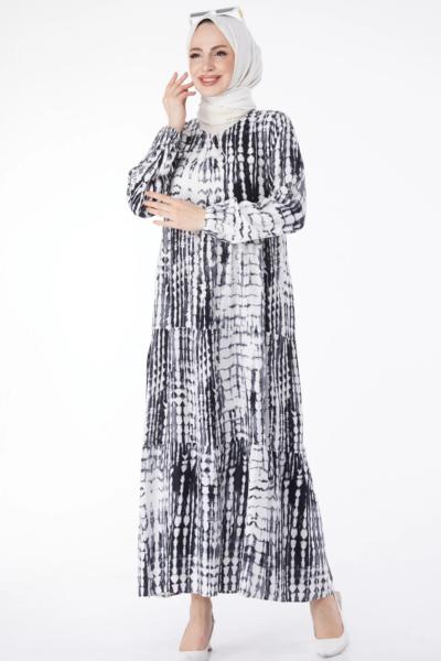 Viskon Elbise Yasemin Beyaz Siyah Siyah Beyaz