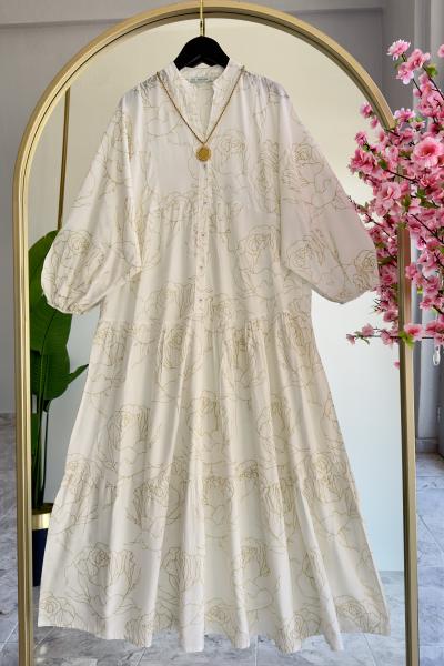 Viskon Pamuk Gül Elbise Ekru Ekru