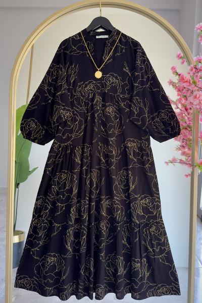 Viskon Pamuk Gül Elbise Siyah Siyah
