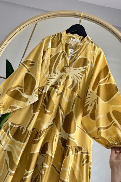 Viskon Pamuk Lale Elbise Hardal Sarısı Hardal Sarısı