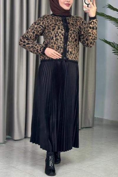 Yünlü Leopar Hırka Kombin Siyah