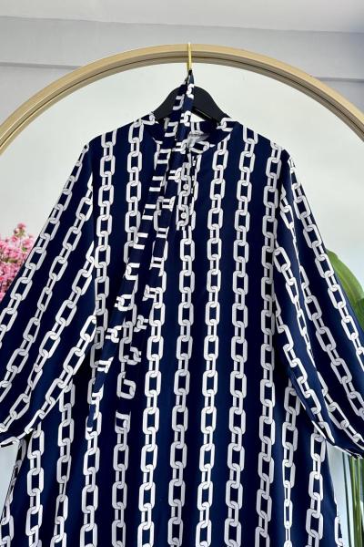 Zincir Desen Viskon Pamuk Elbise Lacivert  Lacivert