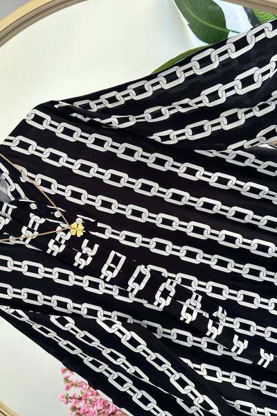 Zincir Desen Viskon Pamuk Elbise Siyah Siyah